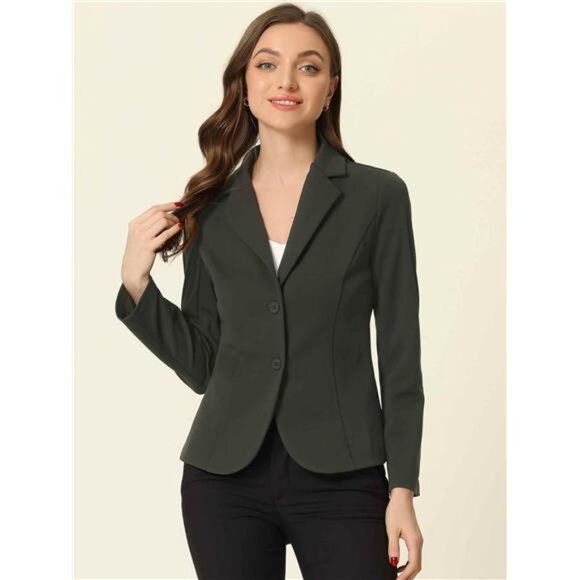 Women's Work Office Blazer Stretch Lapel Collar Long Sleeve Jacket Army Green - Picture 2 of 5